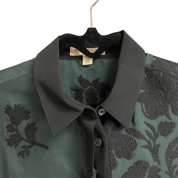 Burberry London Dark Green Black Textured Floral Print Button Up Top Womens US 8 - Picture 3 of 10